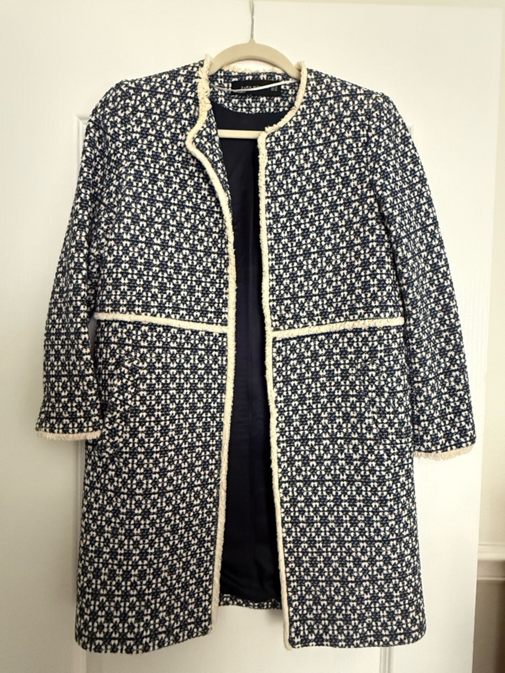 Zara Navy and Cream Tweed Mid-Length Coat